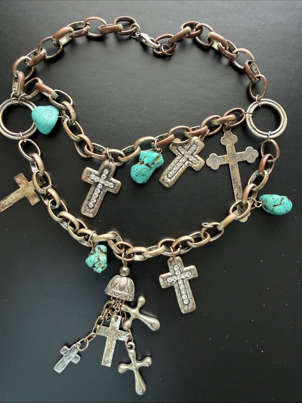 Turquoise and Antique Silver Cross Charm Necklace - Boho Layered Style